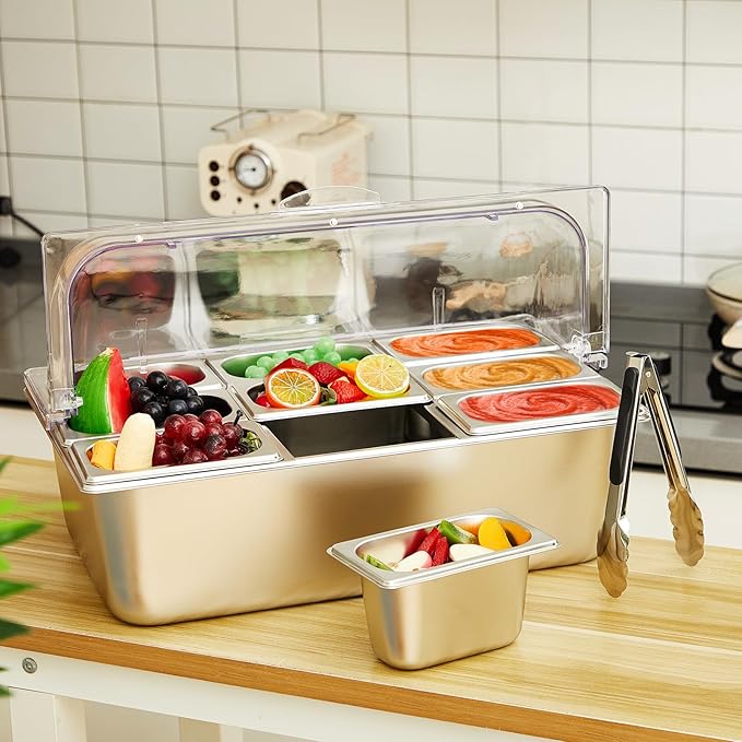 Tessco for you 16 Pcs Ice Food Spice Serving Display Countertop Chilled Condiment Container Set with Lid, Stainless Steel Salad Cold Caddy for Buffet Restaurant Kitchen Party(9 Compartments)