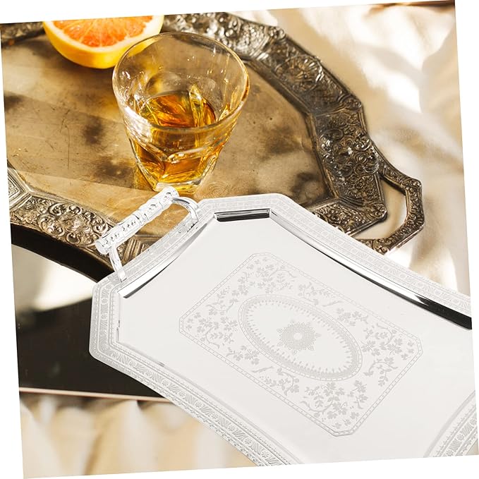 Happyyami Vintage Silver Serving Tray Retro Decorative Dish for Dessert Snacks and Appetizers Elegant Double-handled Platter for Tea Parties Housewarming and Weddings