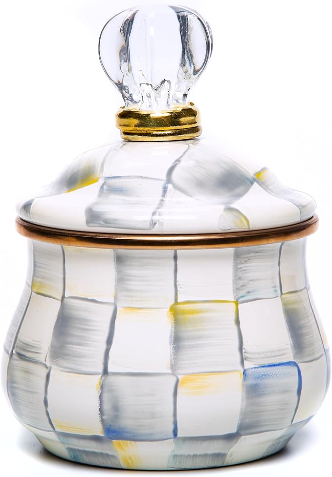 MACKENZIE-CHILDS Enamel Lidded Sugar Bowl, Small Serving Bowl with Lid, 10-Ounce Capacity, Gray-and-White Sterling Check