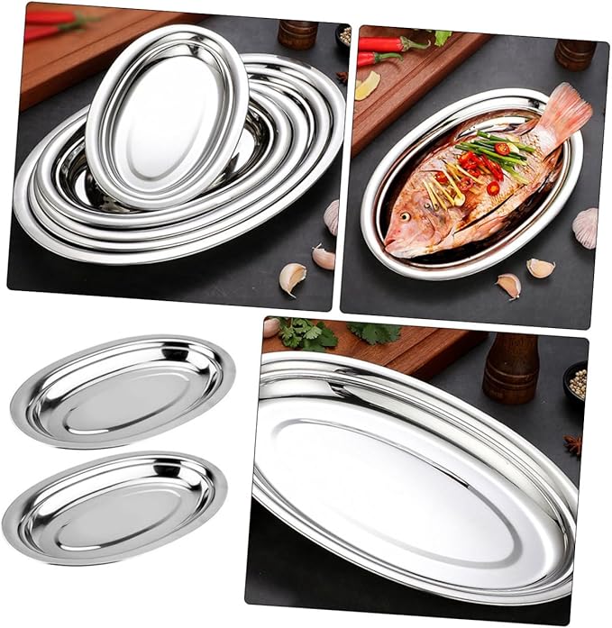 PRETYZOOM 2pcs Stainless Steel Oval Plates Serving Trays Steak Serving Plate Food Safe Rounded Edges Polished Finish