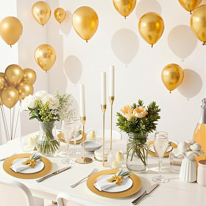 PROY 179 Pcs Charger Plates Set Bulk, 50 Pcs 13'' Gold Reef Charger Plates 129pcs Metallic Gold Balloons Different Sizes 18 12 10 5 Inch Dinner Chargers Set For Dinner Wedding Party Decoration