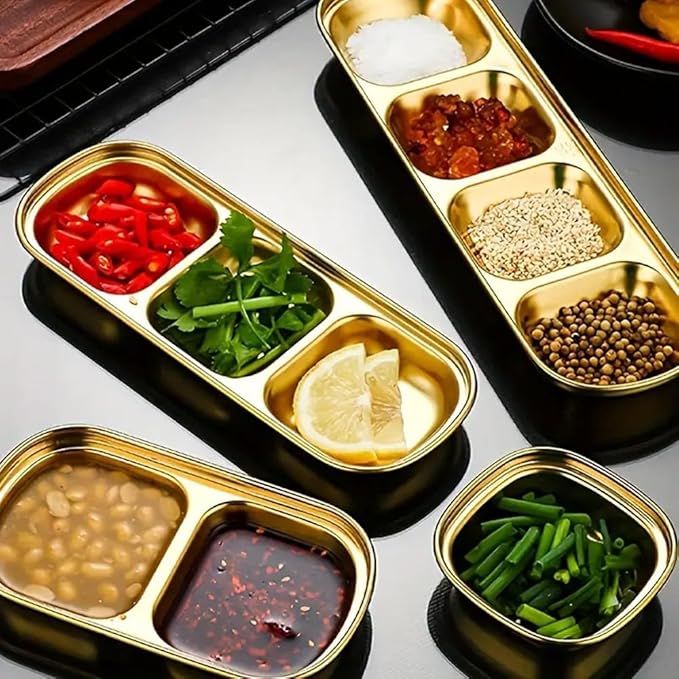 3 Piece Stainless Steel Sauce Tray, Divided Dipping Tray, 3 Compartment Appetizer Serving Tray for Sauce, Ketchup, Dressing, Silver, 8 X 3 Inches (3 Compartments in Gold Color)