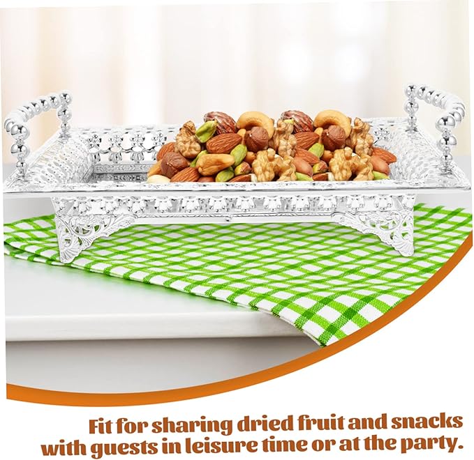 GLEAVI Nordic Style Metal Fruit Serving Tray with Handle Mirrored Silver Snack Storage Dish for Parties KTV and Home Decor Decorative Candy Nut and Dried Fruit Platter