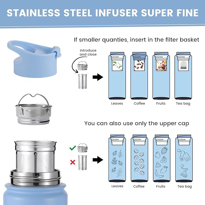 Lexlion Tea Infuser Water Bottle 22 Oz – Triple Wall Insulated Stainless Steel, Loose Leaf & Fruit Strainer, 3 Leakproof Lids, BPA-Free Silicone Sleeve, Reusable Thermal Mug
