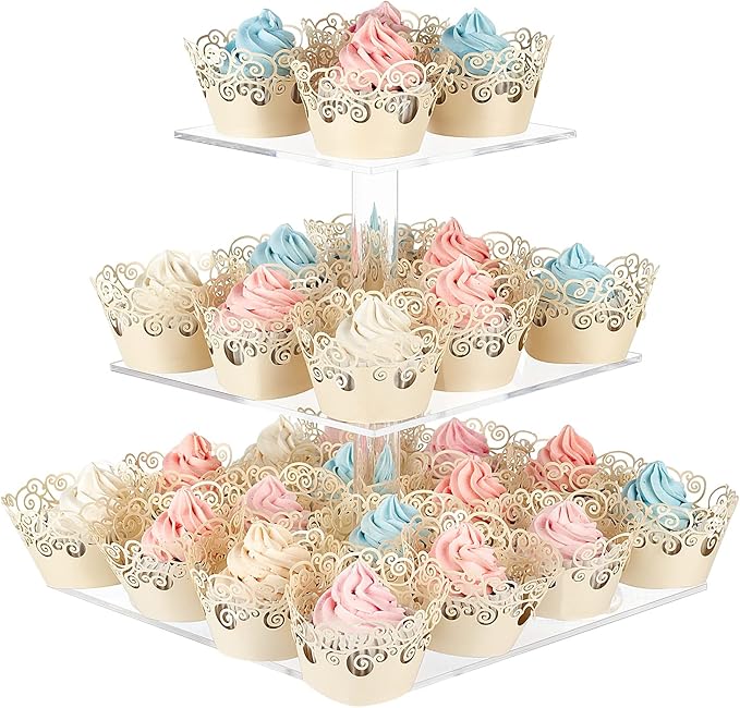 Cupcake Stand with Base, 3-Tier Square Acrylic Cupcake Display Stand Dessert Tower Pastry Stand Premium Cupcake Holder for Wedding Birthday Theme Party- Transparent