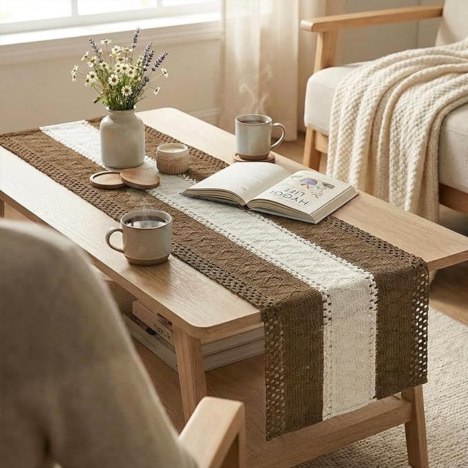 Artoid Mode Light Coffee Farmhouse Rustic Table Runner, Seasonal Hollow Kitchen Dining Table Decoration for Home Party Decor 12x36 Inch