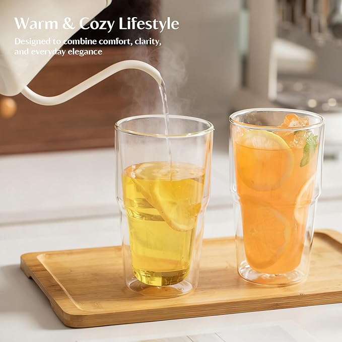 INSETLAN 16oz Double Wall Glass Cups Set of 2 – Borosilicate Glass Tumblers, Clear Insulated Glass Coffee Cups for Cappuccino, Latte, Espresso and Tea, Hot & Cold Resistant