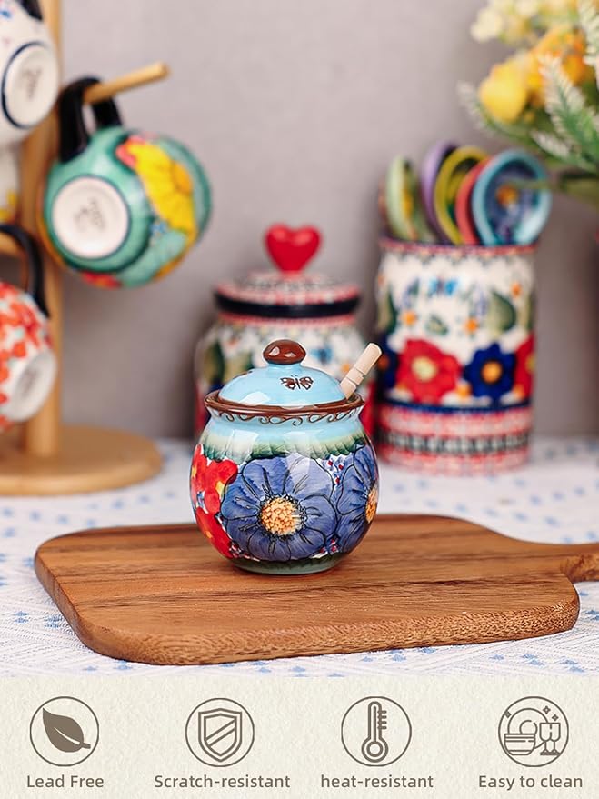 silesia Handmade Ceramic Honey Jar with Lid, 8 oz Floral Design Honey Pot with Dipper, Hand-Painted Honey Containers for Honey, Jam, or Syrup, Dishwasher Safe (Glazed Blue)
