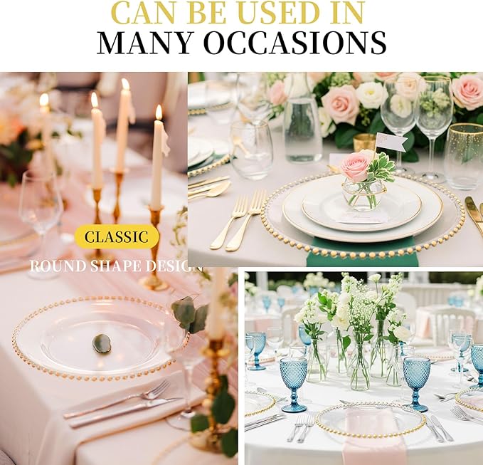 16 Pcs Clear Charger Plates with Beaded Rim 13 Inch Acrylic Gold Beaded Charger Plates Bulk for Wedding Party Dinner Birthday Table Events Decoration