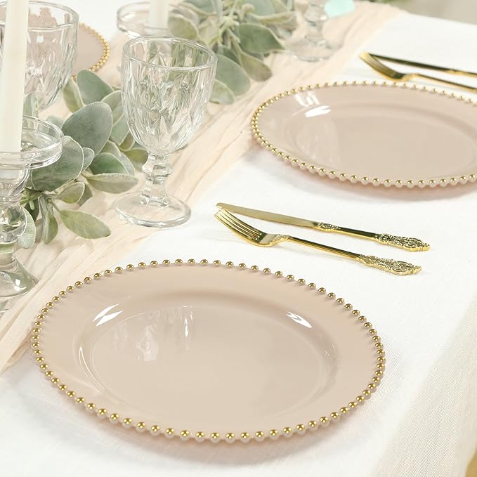 Efavormart 10-Pack Plastic Round Dinner Plates 10" Taupe with Gold Beaded Rim - Disposable Party Plates for Stylish Gatherings & Celebrations