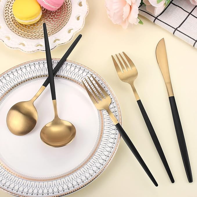Matte Gold Silverware Set With Black Handle, LAZAHOME Stainless Steel Flatware Cutlery Set Service for 8, 40-Piece Kitchen Utensil Set Include Spoons And Forks Set, Dishwasher Safe.