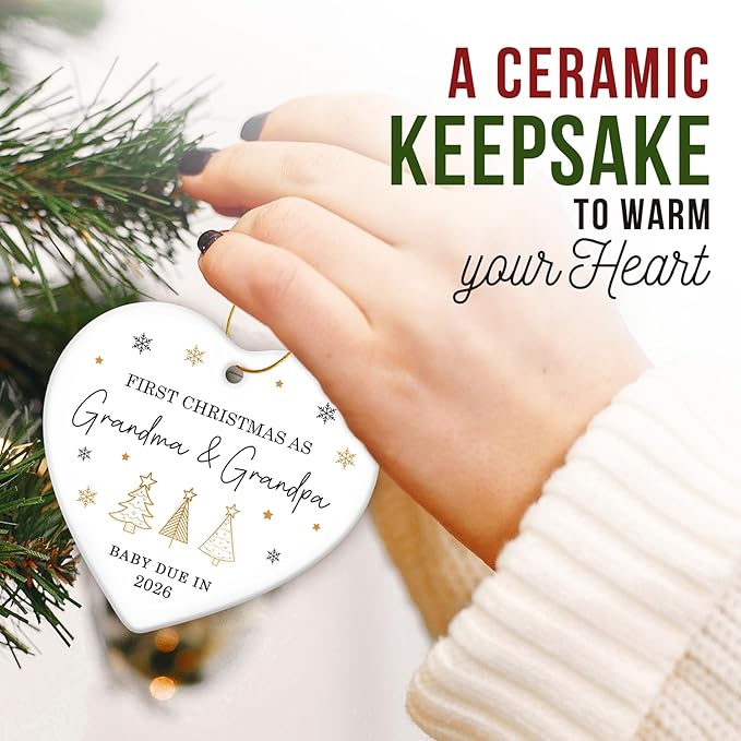 ZAGKOO First Christmas as Grandma and Grandpa Ornament 2025 - Baby Due in 2026 Ornament - New Grandparents Promoted to Grandparents Pregnancy Announcement Ceramic Heart Ornaments