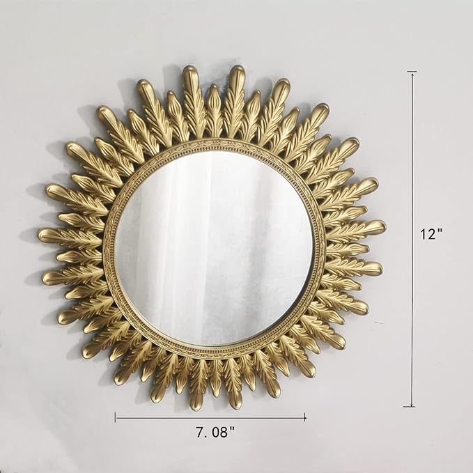 Ham Hamphinee Feather Mirror Tray, Decorative Wall Mirror, Vintage Home Décor for Living Room, Kitchen, Bedroom, or Hallway, for Table Top or Wall Hanging Display, 12”X12”, Gold