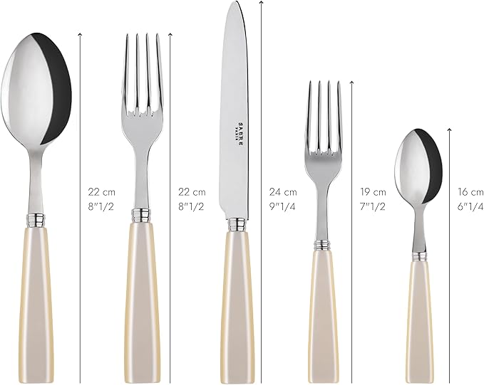 SABRE PARIS - 5-Piece Flatware Set - Icône Collection - Knife, Fork, Soup Spoon, Teaspoon & Dessert Fork - Stainless Steel & Acrylic - Dishwasher Safe - Pearly White