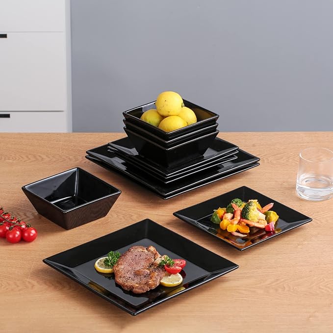 DOMINI 12-Piece Square Dinnerware Set, Service for 4, Porcelain Dishes Dinner, Square-Black