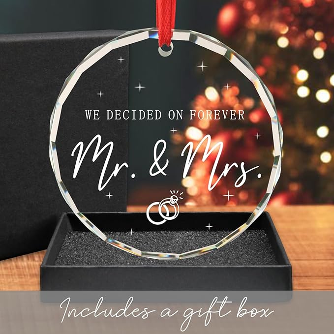 Wedding Gifts Newly Wed Gifts for The Couple We Decided on Forever Mr & Mrs Just Married Ornaments Bridal Shower Gift for Bride Christmas Tree Decoration Glass Round Ornament