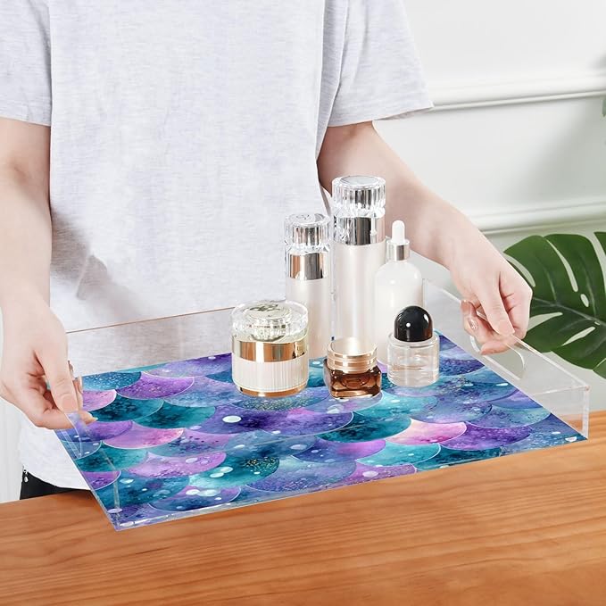 Serving Tray with Handles Clear Acrylic Tray 12x16 Inch Decorative Rectangular Tray Organizer for Ottoman Coffee Table Bathroom Watercolor Mermaid Scales Dots Purple