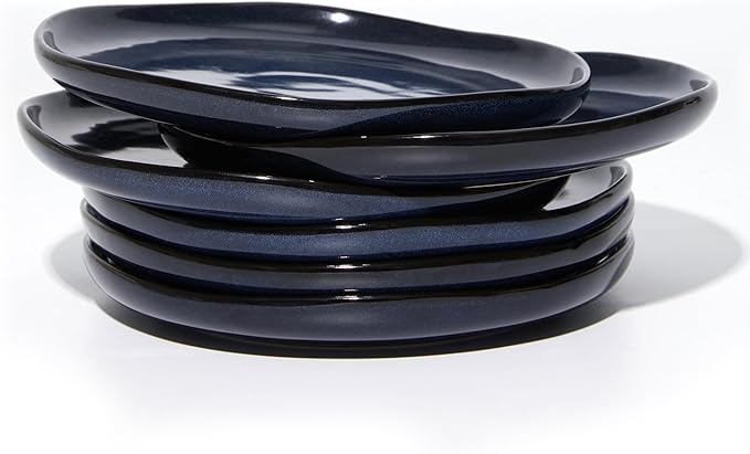 8 Inch Salad Plates Set of 6, Dessert & Side Plates with Wavy Rim-Stoneware, Dishwasher & Microwave Safe, Ceramic Plate Set, Starry Blue
