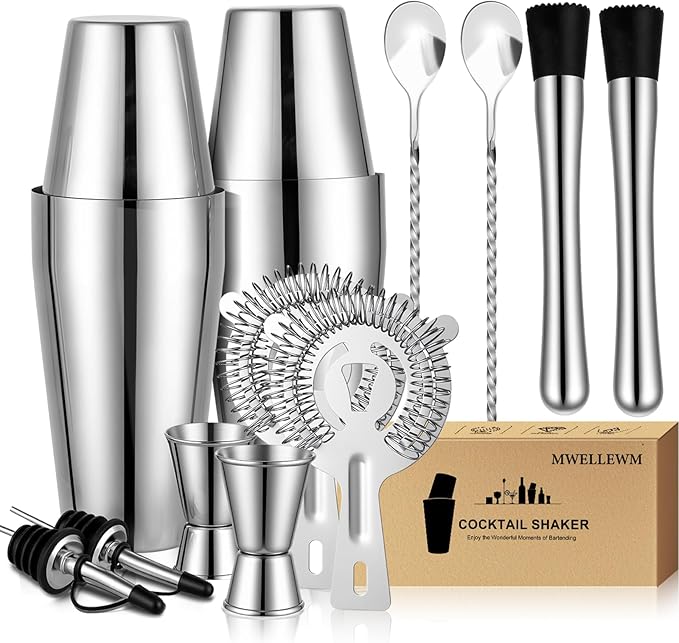 MWELLEWM Cocktail Shaker Set, Boston Shakers Bartending Professional Bartender Kit Bartender Beginner Mixed Alcohol Martini Shaker Tins Tool for Bar Drink