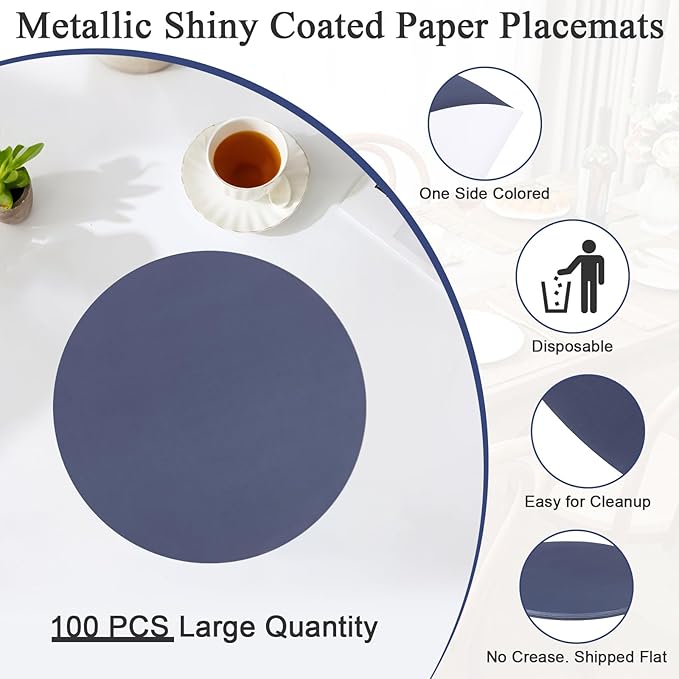 SHACOS 100 PCS Round Paper Placemats 13 inch Disposable Paper Place Mats for Dinner Wedding Birthday Party Festival Table Decoration Indoor Outdoor, Navy Blue