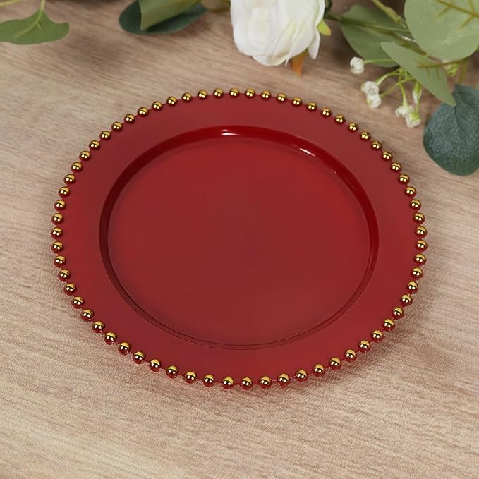 8" Salad Plates - Set of 20 - Plastic Red Round Disposable Dessert Appetizer Plate with Gold Beaded Rim, Ideal for Dinner Party Wedding Bulk Events