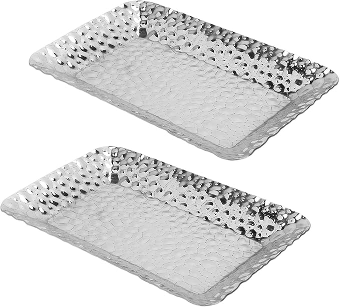 2PCS Rectangular Serving Tray, Stainless Steel Towel Tray Decorative Vanity Plate Hammered Appearance Silver Platter for Kitchen, Bathroom, Bar, Vanity Storage