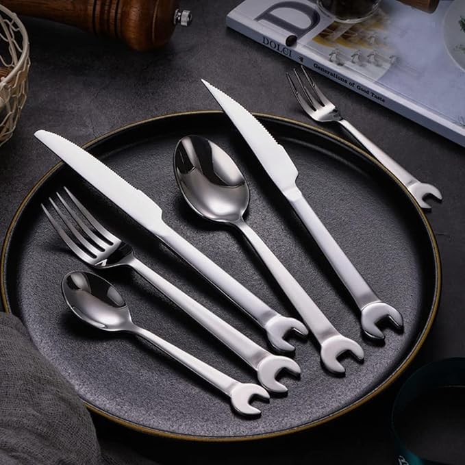 24 PCS Stainless Steel Cutlery Set Wrench Handle, Knife, Fork, Spoon Tableware Set for 4,Personalized Gift