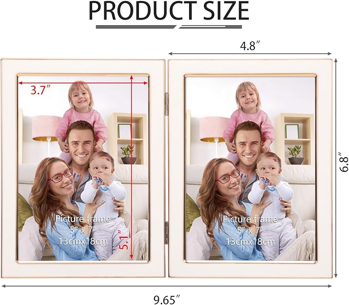 Giftgarden 5x7 Double Picture Frame White with Tempered Glass Display 5 by 7 Photo, Metal Hinged Folding Frame for Tabletop or Wall