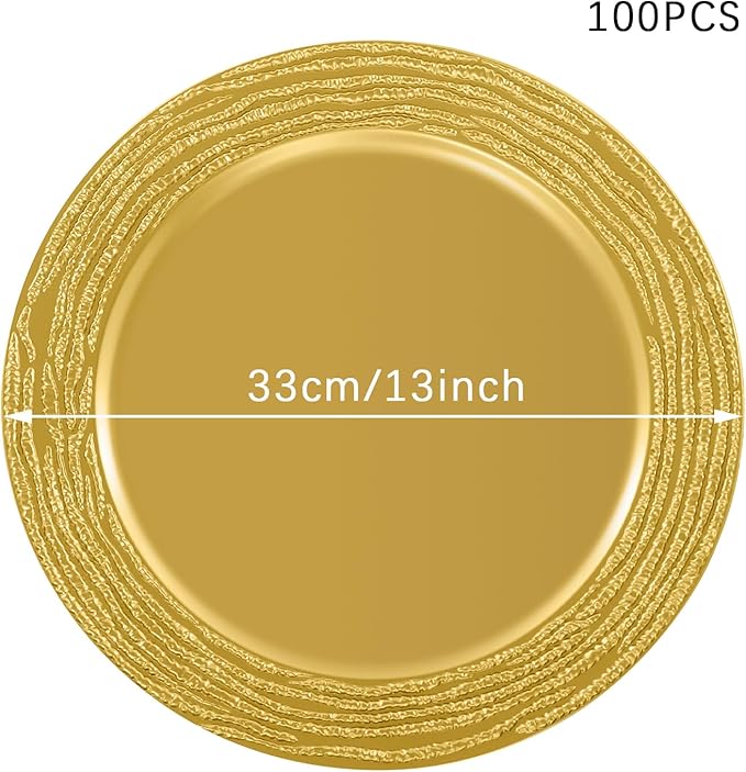 100 Pack Gold Chargers for Finner Plates, 13 Inch Plastic Round Bright Charger Plates Bulk, Wedding Decoration for Table Setting Wedding Party Event Tabletop (Gold)