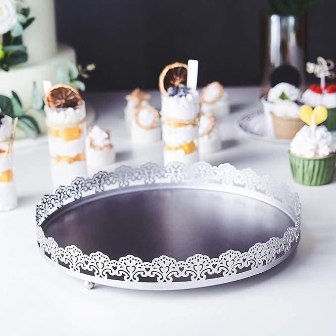 Plastic Round Premium Decorative Serving Tray with Embellished Rims - Silver