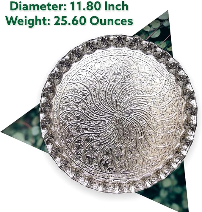 Alisveristime Turkish Ottoman Coffee Tea Serving Tray – 11.8 Inches, Wavy Zamac Tray with Traditional Motifs, Available in Five Color Variations (Silver)