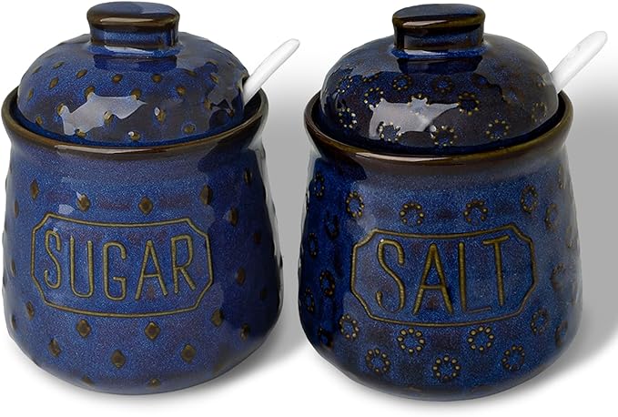 GDCZ 10 Oz Ceramic Salt and Sugar Bowls Set with Lid and Spoons, Seasoning Container, Dishwasher Safe, Set of 2 (Blue)