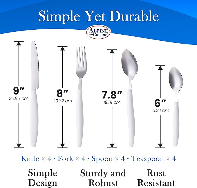 ALPINE CUISINE Flatware Set 16 Piece Service for 4, Stainless Steel Flatware Cutlery Set Includes Dinner Knives/Forks/Spoons - Great for Camping or College Dorms - Dishwasher Safe - White
