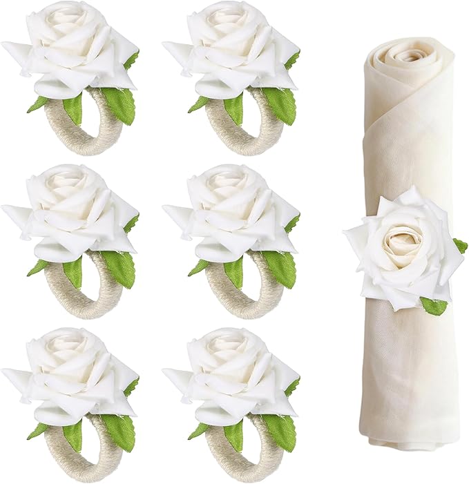 uxcell 4Pcs Flower Napkin Rings, Handmade Rose Napkin Ring Holders Buckles Table Decorations for Christmas Thanksgiving Valentine Decor Wedding Parties, Banquet, Home, White