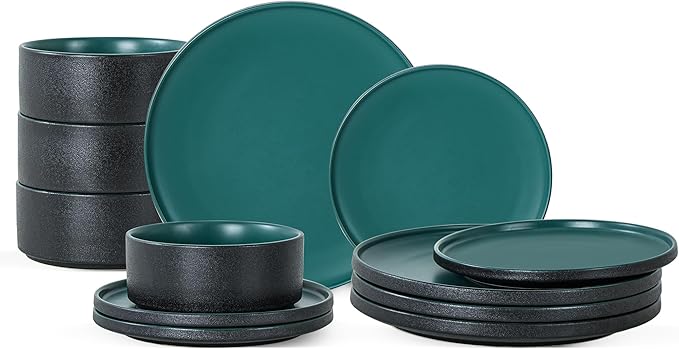 Plates and Bowls Sets, 12 Piece Ceramic Dinnerware Set for Family and Gatherings, Dishes Set for 4, Dishwasher & Microwave Safe, Handcrafted Stoneware Sets, Modern Green
