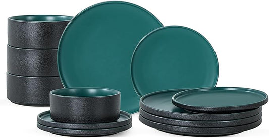 Plates and Bowls Sets, 12 Piece Ceramic Dinnerware Set for Family and Gatherings, Dishes Set for 4, Dishwasher & Microwave Safe, Handcrafted Stoneware Sets, Modern Green