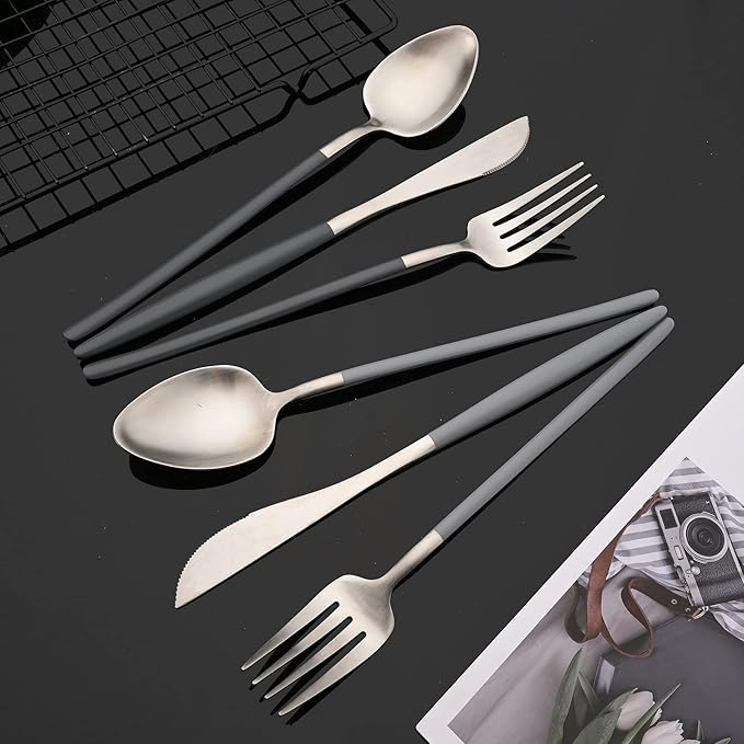JASHII Matte Grey and Silver Silverware Set, 304 Stainless Steel Flatware Set Service for 4, Tableware Cutlery Set for Home Restaurant Party, Dinner Forks/Spoons/Knives, Slim Handle, Dishwasher Safe