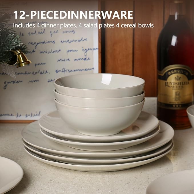 Ceramic Dinnerware Sets-12 Pieces Set, Plates Pasta Bowls Soup Bowls, Modern Stoneware Dishes, Reaction Glaze Black (Sky white)