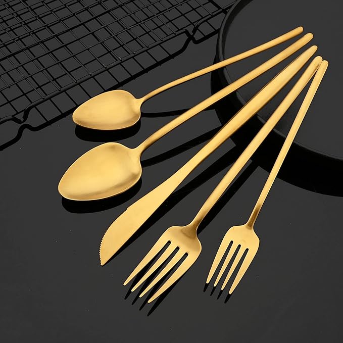 JASHII Modern Silverware Set - 20 Pieces Cutlery Set Matte Gold - Brushed 304 Stainless Steel Flatware Set - Narrow and Long Handle - for Home Dinner and Restaurant