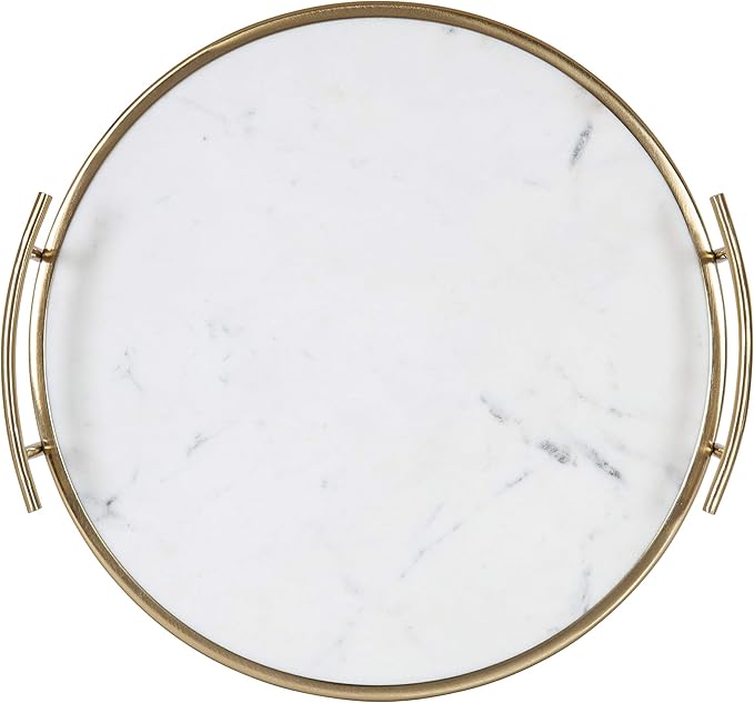 Kate and Laurel Marbury Modern Round Tray, 14 inch Diameter, White Marble and Gold, Contemporary Marble Tray for Storage and Display