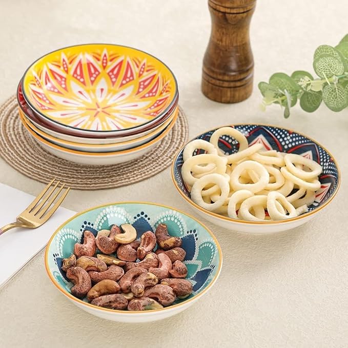 Set of 4 10 OZ Colorful Ceramic Dessert Bowls Bohemian 6 inch Serving Dishes Cute Shallow Bowls for Appetizer,Side Dishes,Sushi,Salad,Snack,Icecream,Fruit,Microwave Dishwasher Safe