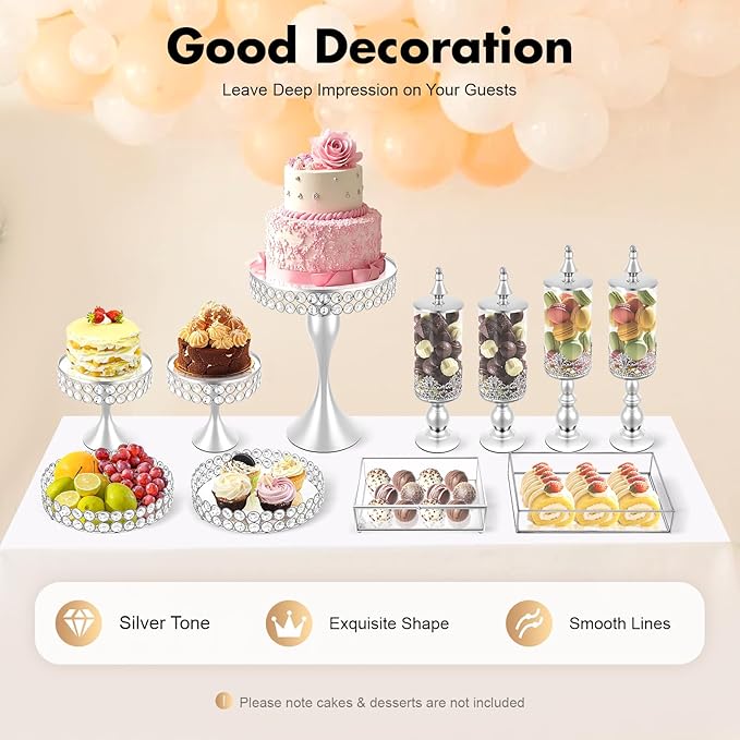 11-Piece Cake Stand Set, Silver Tiered Dessert Display Stands with Glass Trays & Acrylic Domes, Multi-Level Serving Platters for Wedding, Birthday Party, and Bakery Display