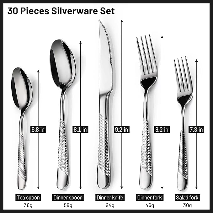 Hammered Silverware Set, PUREAIN 30 Pieces Silverware Set for 6, Stainless Steel Flatware Set for Home, Kitchen, Restaurant and Hotel, Mirror Polished Cutlery Set, Dishwasher Safe
