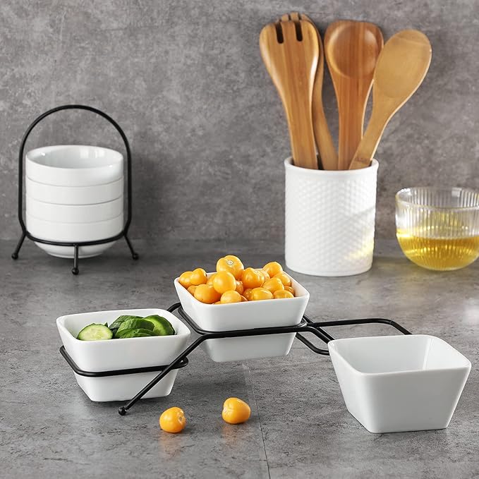 3 pcs square bowl Porcelain Chip & Dip Serving Set with Black Metal Stand, 4.5inch White Small Serving Bowls for Side Dishes, Salsa, Appetizer, Serving Dishes for Entertaining 11.5 OZ