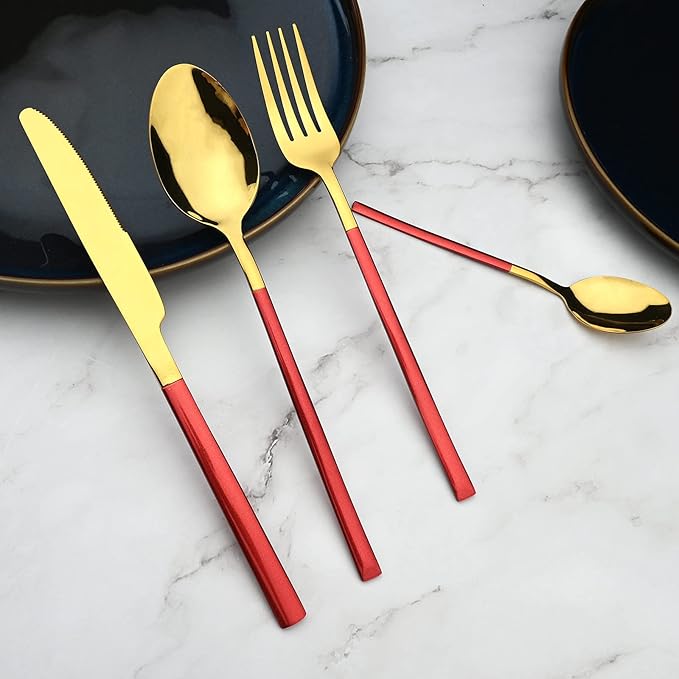 24 Piece Mirror Golden Plated 18/0 Stainless Steel Flatware Set, Red Handle With Golden Mouth Silverware Set With Teaspoon Cutlery Set Service for 6