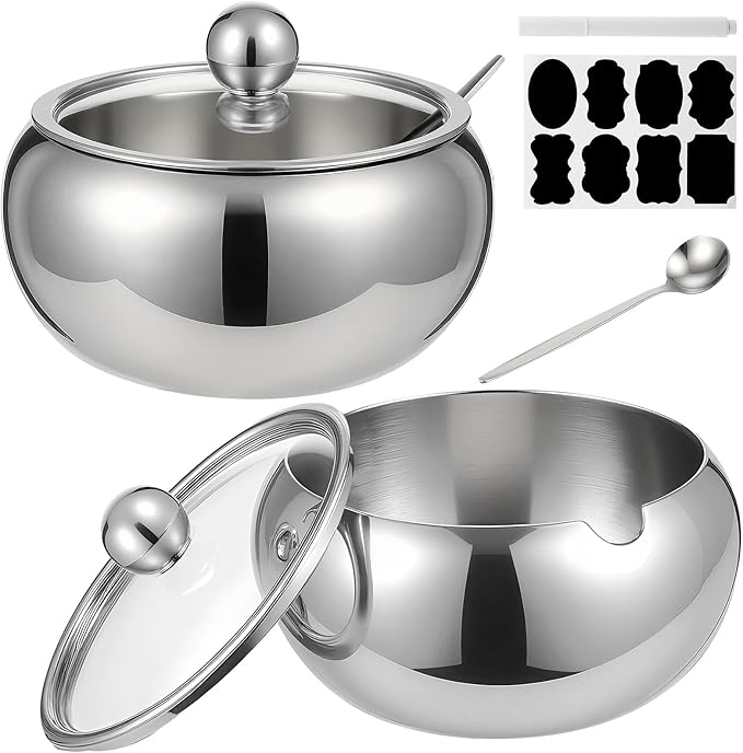 LemonRoad 2 Set 12oz Sugar Bowl with Lid and Spoon Stainless Steel Spice Container with Labels and Pen Kitchen Sugar Holder Jar Countertop Storage Accessories for Salt Coffee Tea Candy Cube