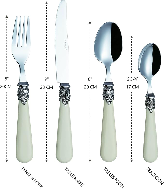 Annova Flatware 24 Pieces Set/Stainless Steel Vintage Silverware/Cutlery Set, Ivory Color, Dinner Knife/Dinner Fork/Dinner Spoon/Dessert Spoon, Mirror Polished, Service for 6 - Cream/Ivory Vintage