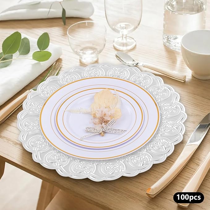 Sliver Plastic Charger Plates Set of 100, 13” Reusable Party Chargers for Dinner Plates, Elegant Round Service Plate Chargers Bulk Decorative for Wedding, Catering Table Decor