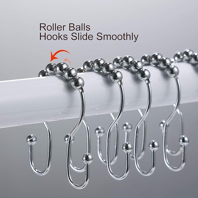 Goowin Shower Curtain Hooks, 12 Pcs Shower Curtain Rings, Stainless Steel Silver Shower Curtain Hooks Rings Rust Proof, Smooth Sliding Anti-Drop Double Shower Hooks for Shower Curtain, Rods (Chrome)