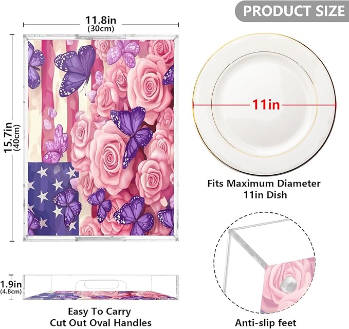 Serving Tray with Handles Clear Acrylic Tray 12x16 Inch Decorative Rectangular Tray Organizer for Ottoman Coffee Table Bathroom July 4th Pink Roses and Purple Butterflies